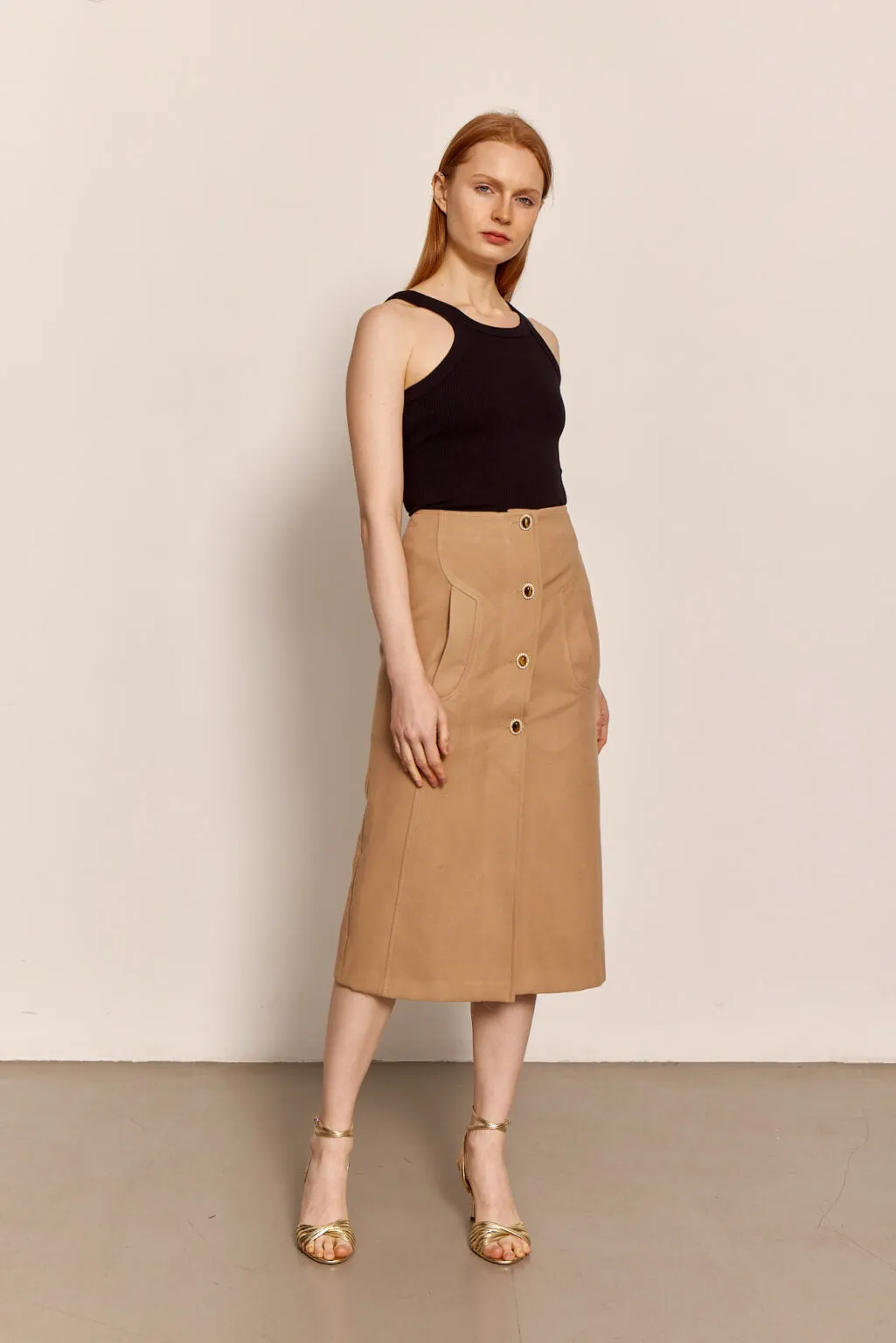 0 Wool Cashmere Angie Tea Length Skirt in Beige