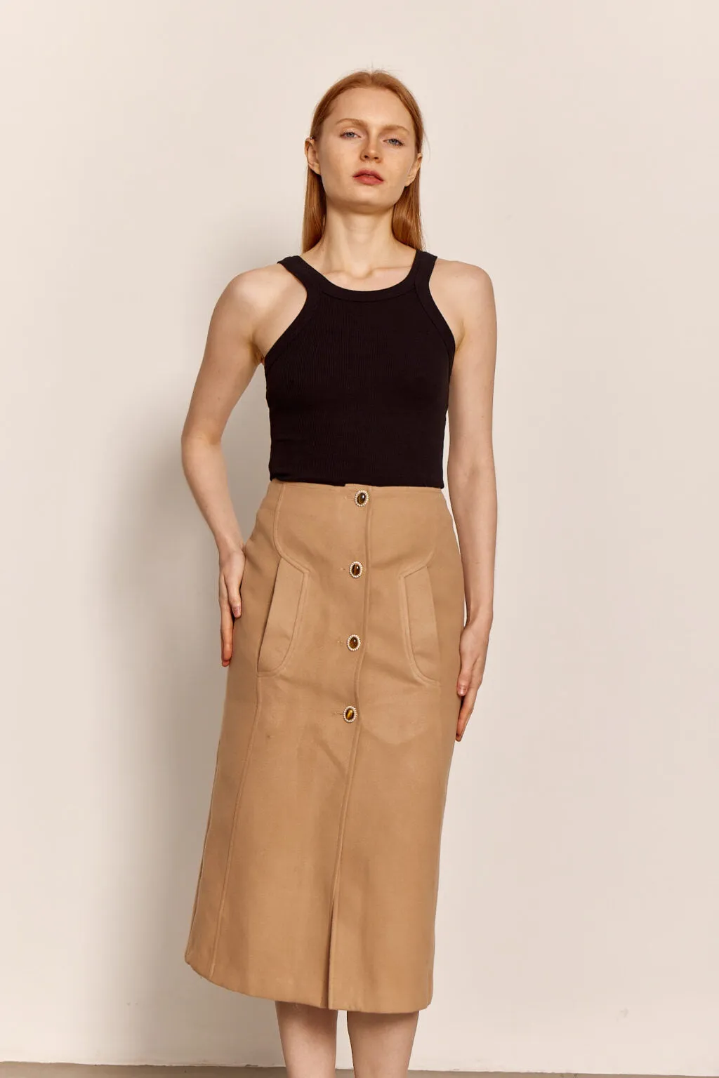 0 Wool Cashmere Angie Tea Length Skirt in Beige