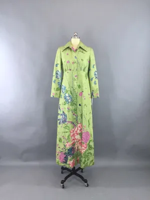 1960s Vintage Green Floral Brocade Hostess Maxi Dress - Coat