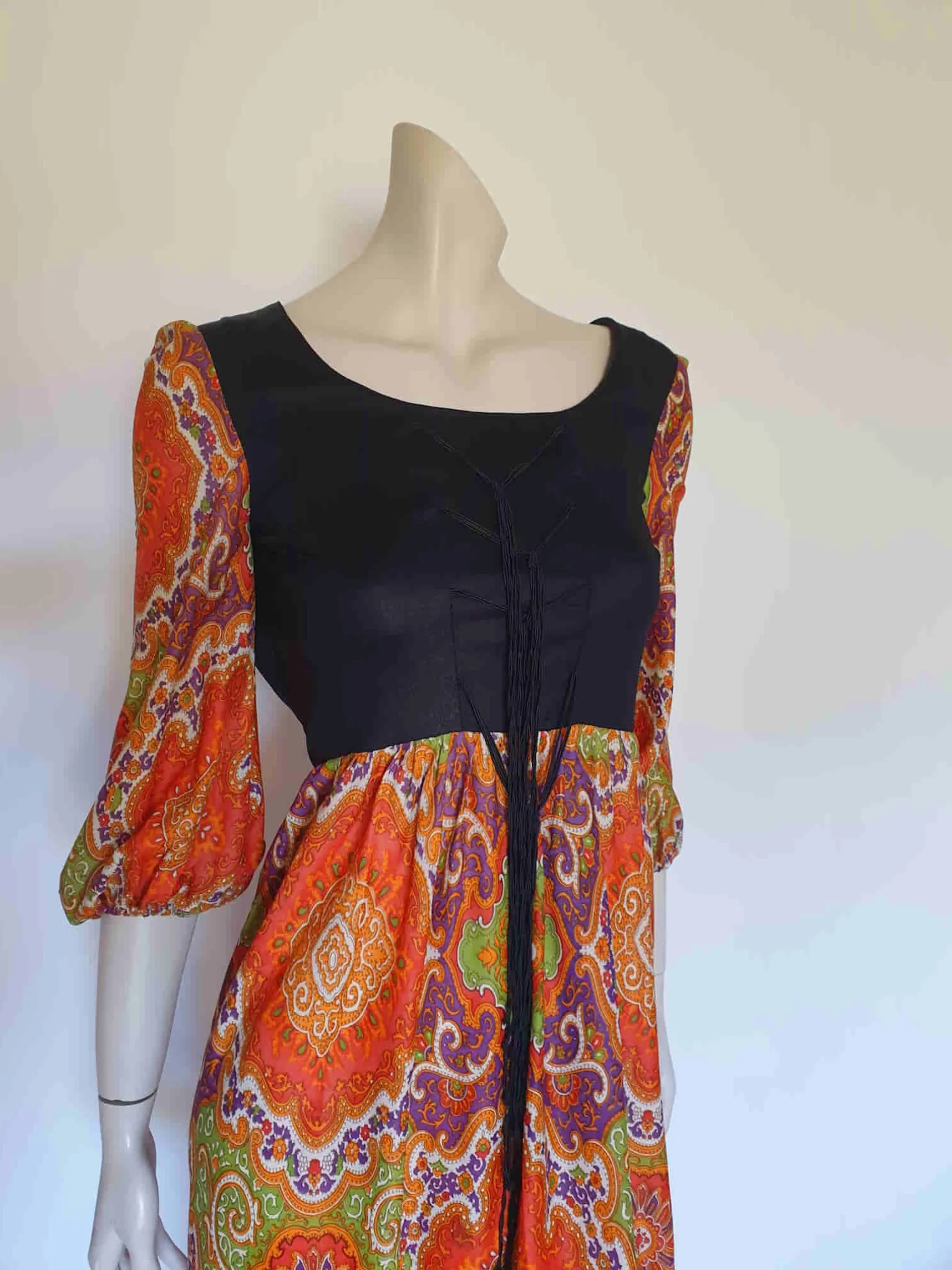 1970s Orange & Black Paisley Gypsy Dress With Tie Front Trim - XS