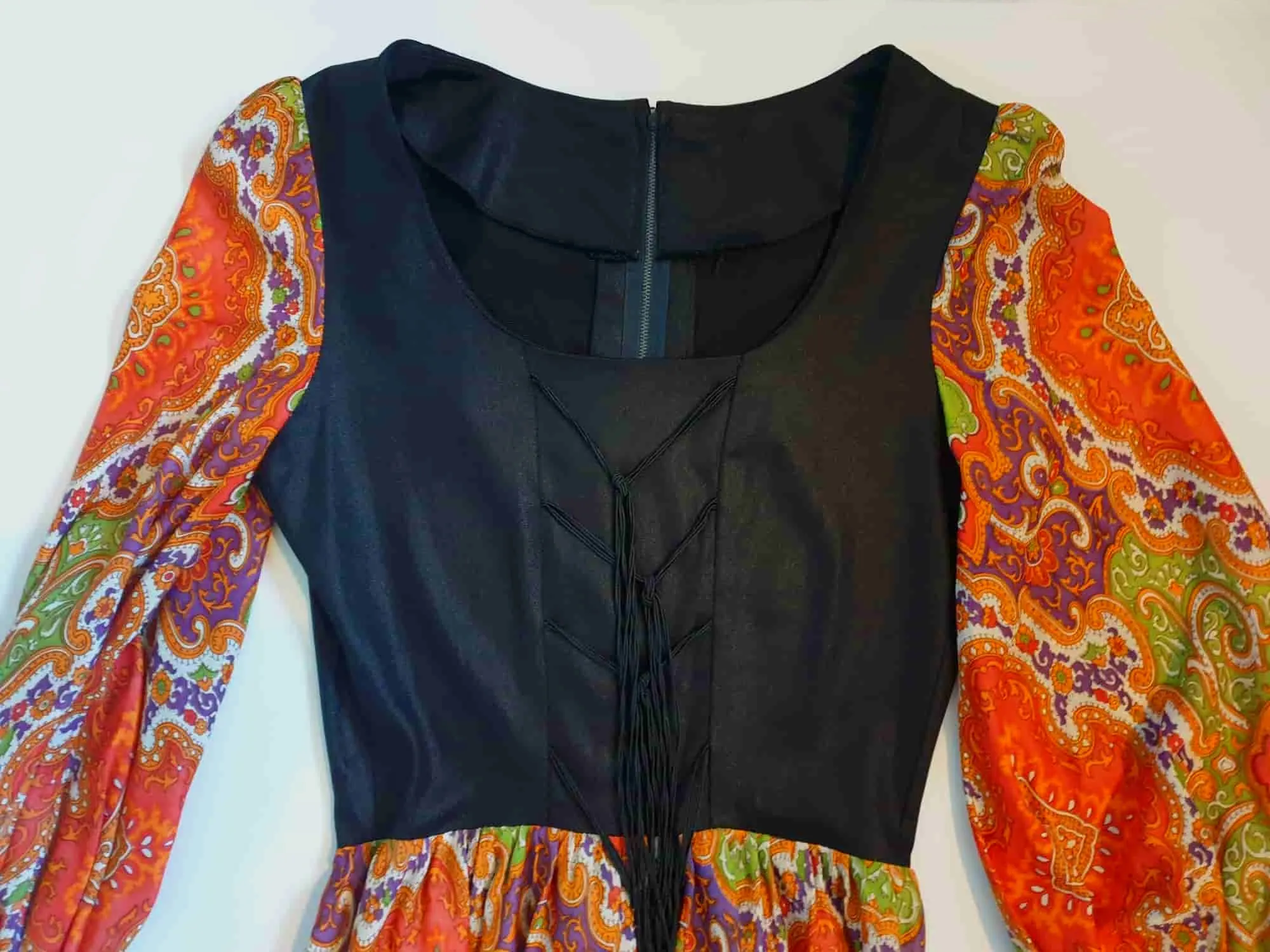 1970s Orange & Black Paisley Gypsy Dress With Tie Front Trim - XS