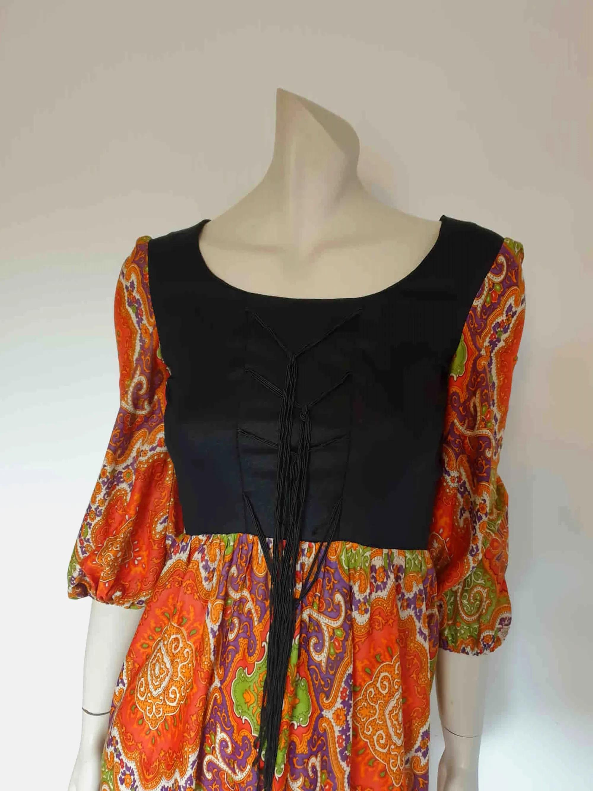 1970s Orange & Black Paisley Gypsy Dress With Tie Front Trim - XS