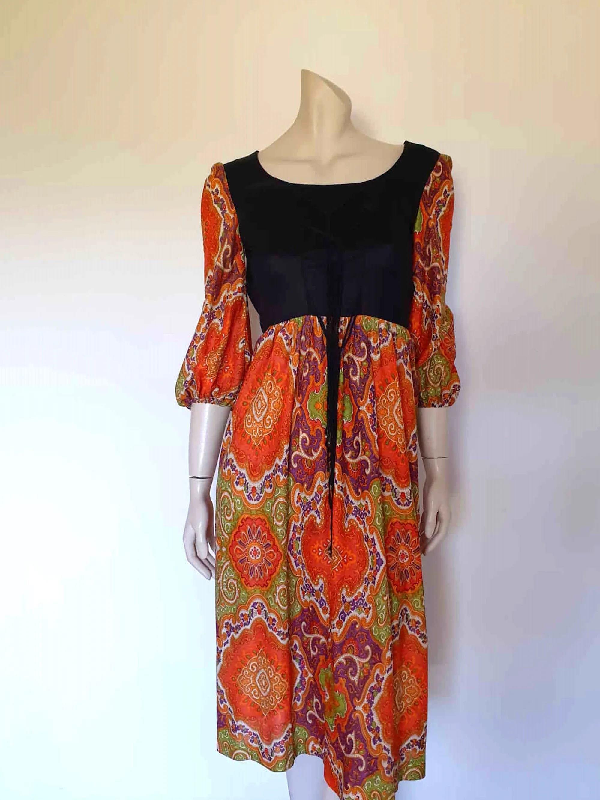 1970s Orange & Black Paisley Gypsy Dress With Tie Front Trim - XS