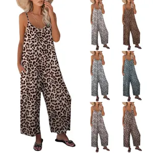 2023 Summer New Women's Pants Cross Border Leopard Pattern Pocket Loose Casual Strap Jumpsuit