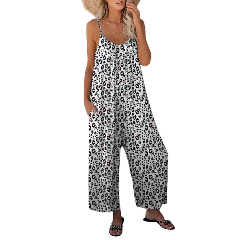 2023 Summer New Women's Pants Cross Border Leopard Pattern Pocket Loose Casual Strap Jumpsuit