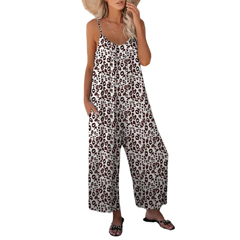 2023 Summer New Women's Pants Cross Border Leopard Pattern Pocket Loose Casual Strap Jumpsuit