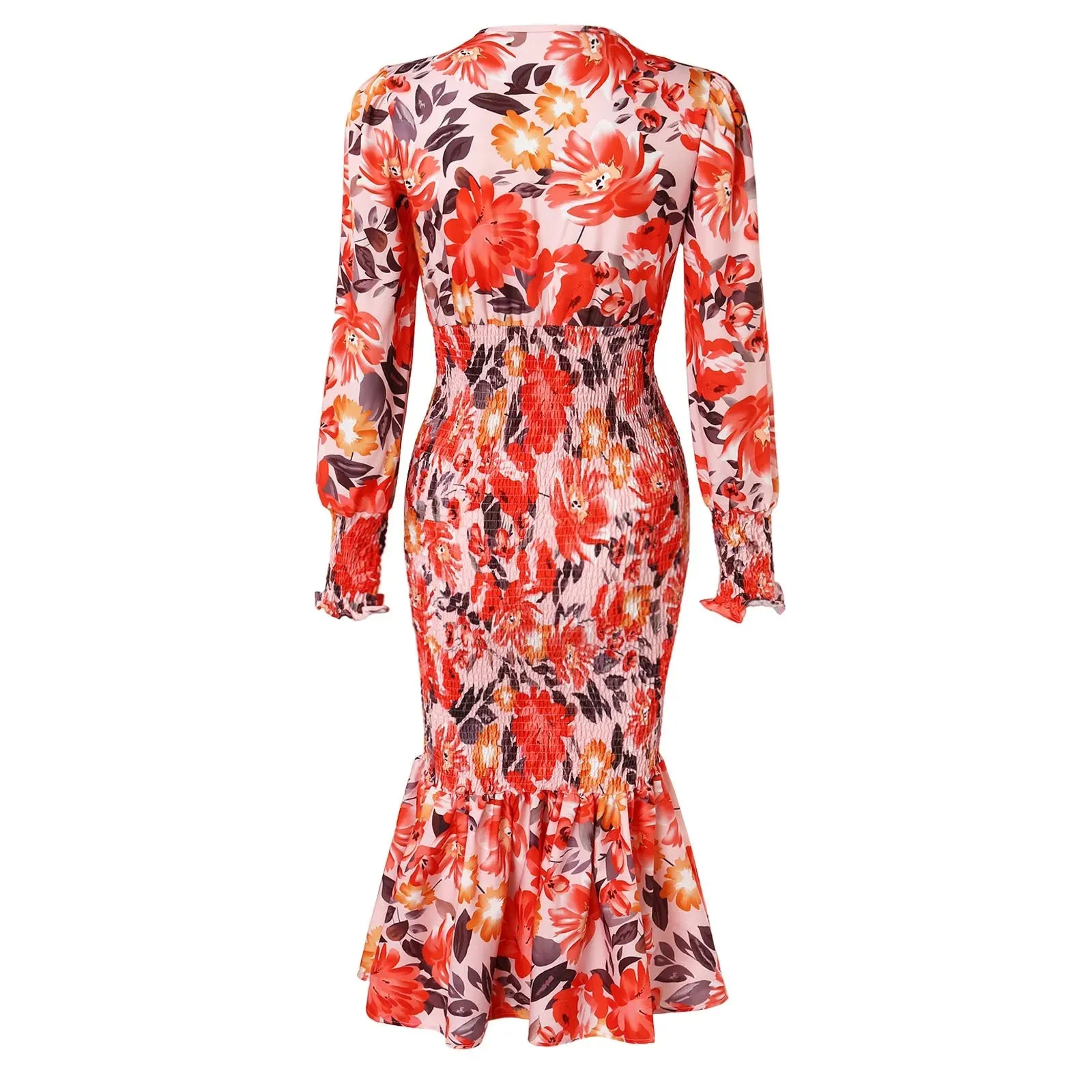 2024 Elegant Floral Print V Neck Lantern Sleeve Midi Dress