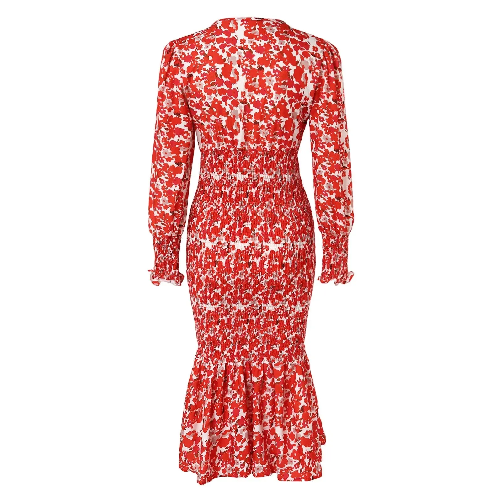 2024 Elegant Floral Print V Neck Lantern Sleeve Midi Dress