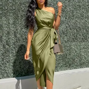 2024 Sexy Green Asymmetrical One Shoulder Satin Ruched Midi Dress