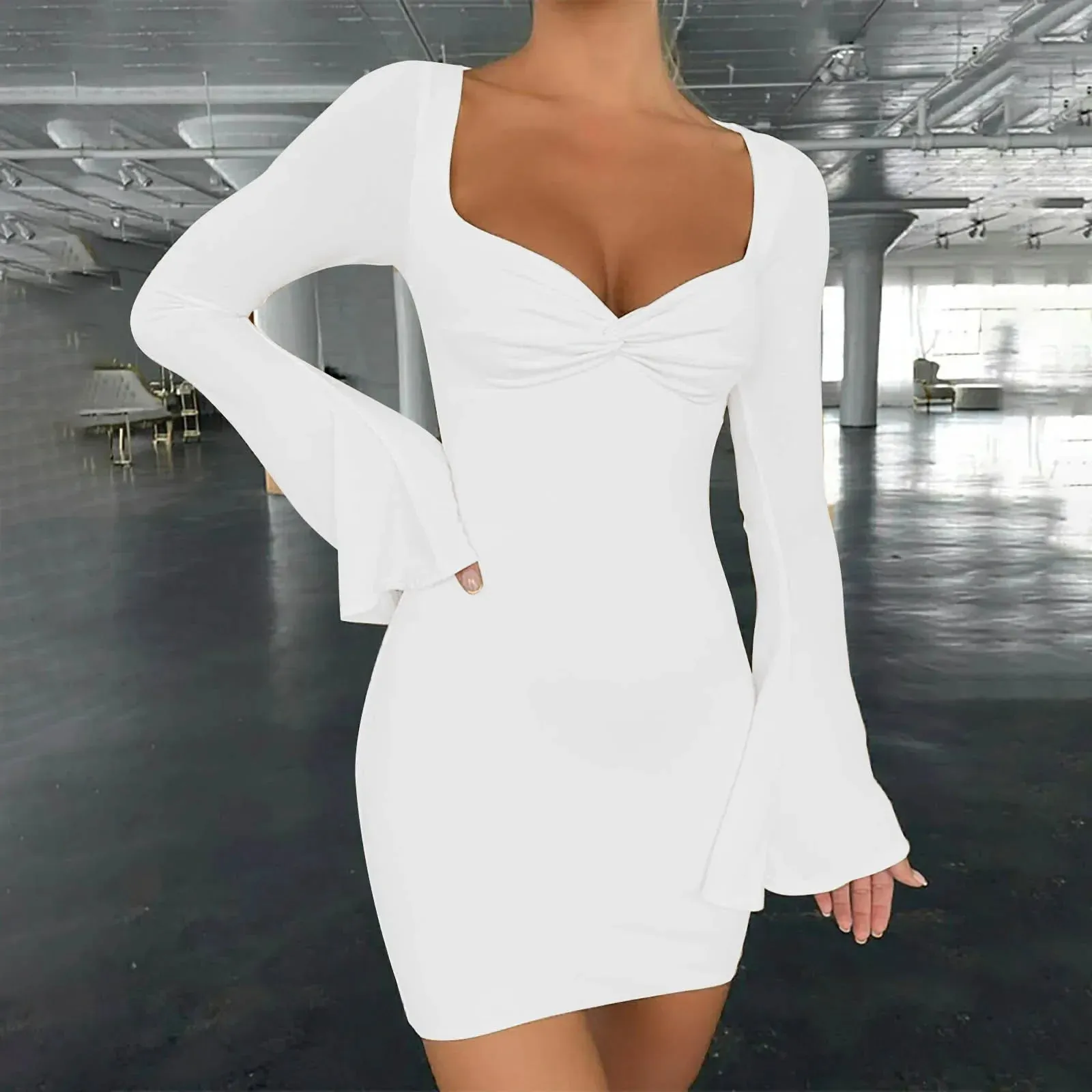 2024 Stretchy Party Club Flare Long Sleeve Square Collar Midi Dress