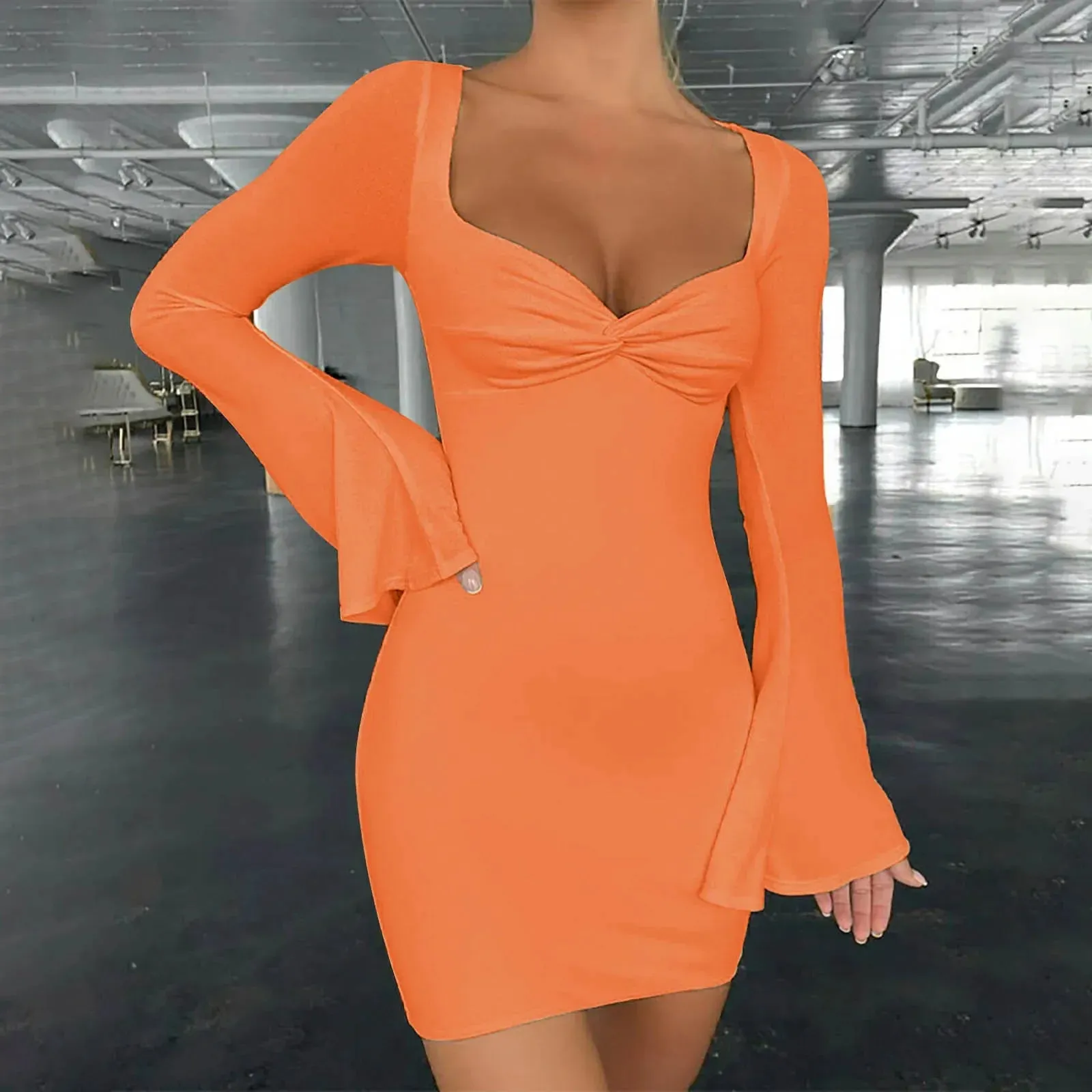 2024 Stretchy Party Club Flare Long Sleeve Square Collar Midi Dress