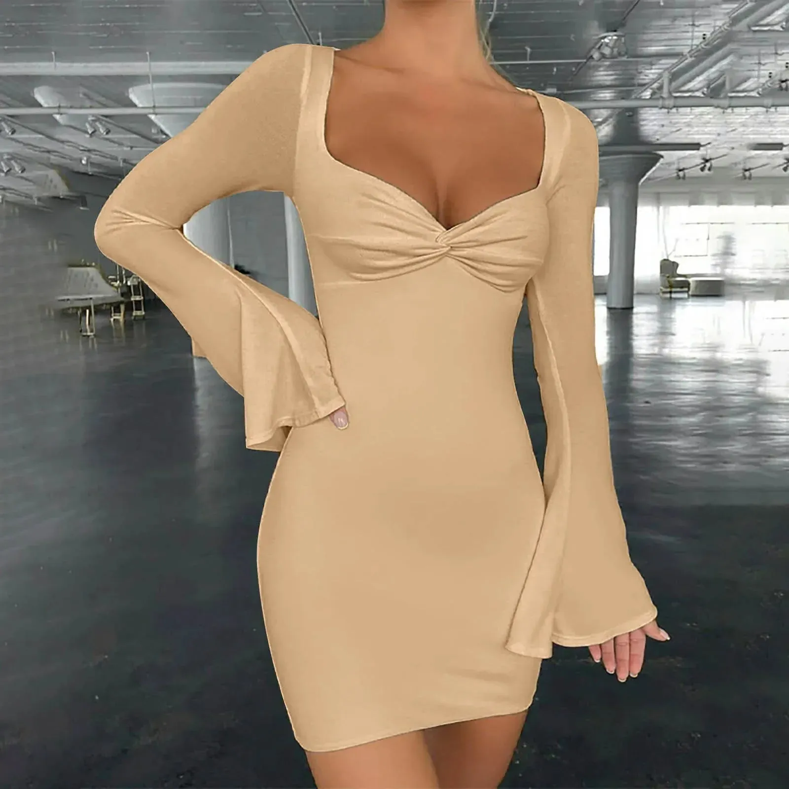 2024 Stretchy Party Club Flare Long Sleeve Square Collar Midi Dress