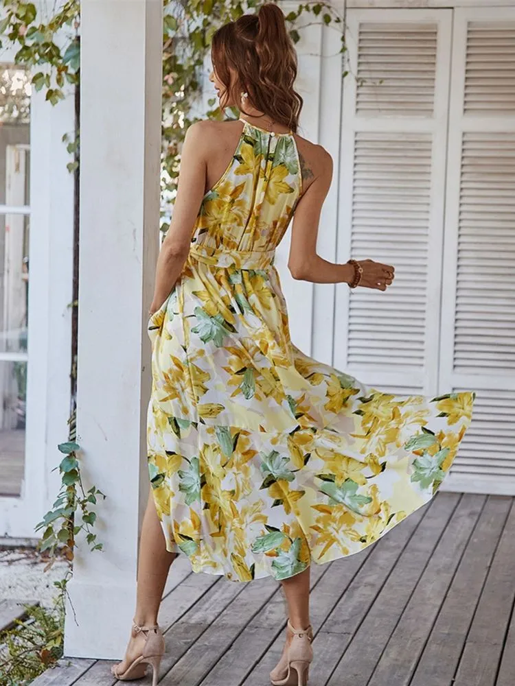 2024Sleeveless Floral Print Bohemian Long Party Beach Dress