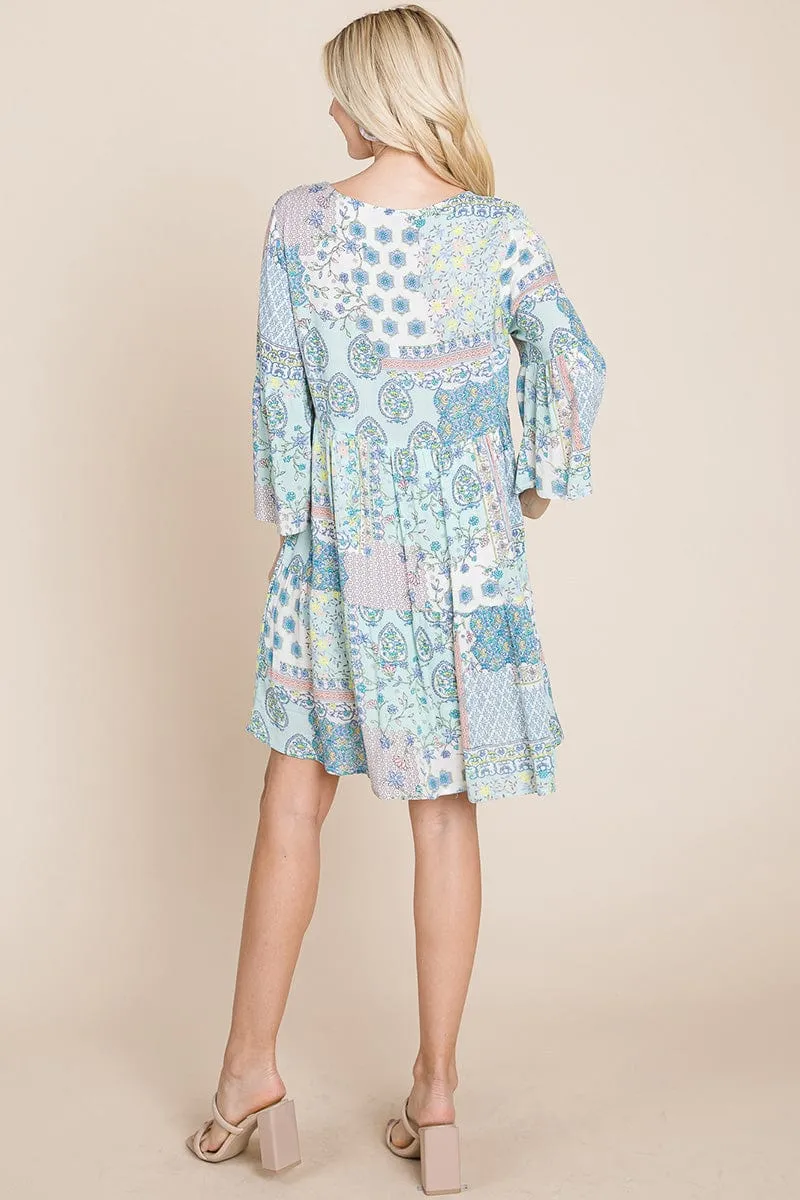 3/4 Sleeve Pleated Floral Flowy Boho swing dresses