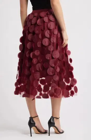 3D Polka Dot Appliqué Midi Skirt - Burgundy