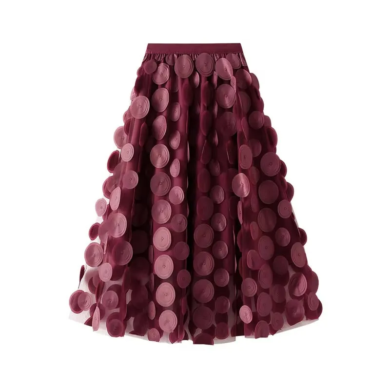 3D Polka Dot Appliqué Midi Skirt - Burgundy