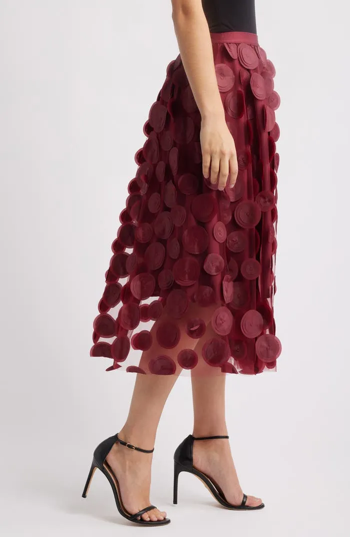 3D Polka Dot Appliqué Midi Skirt - Burgundy