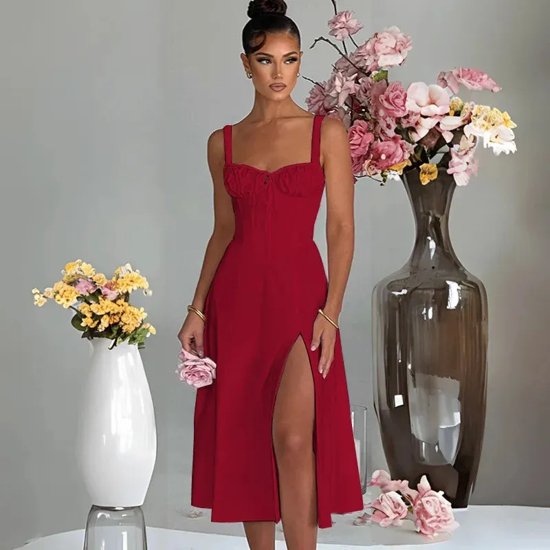 A-line Long Spaghetti Strap Summer Backless Split Nightclub Sexy Midi Dress