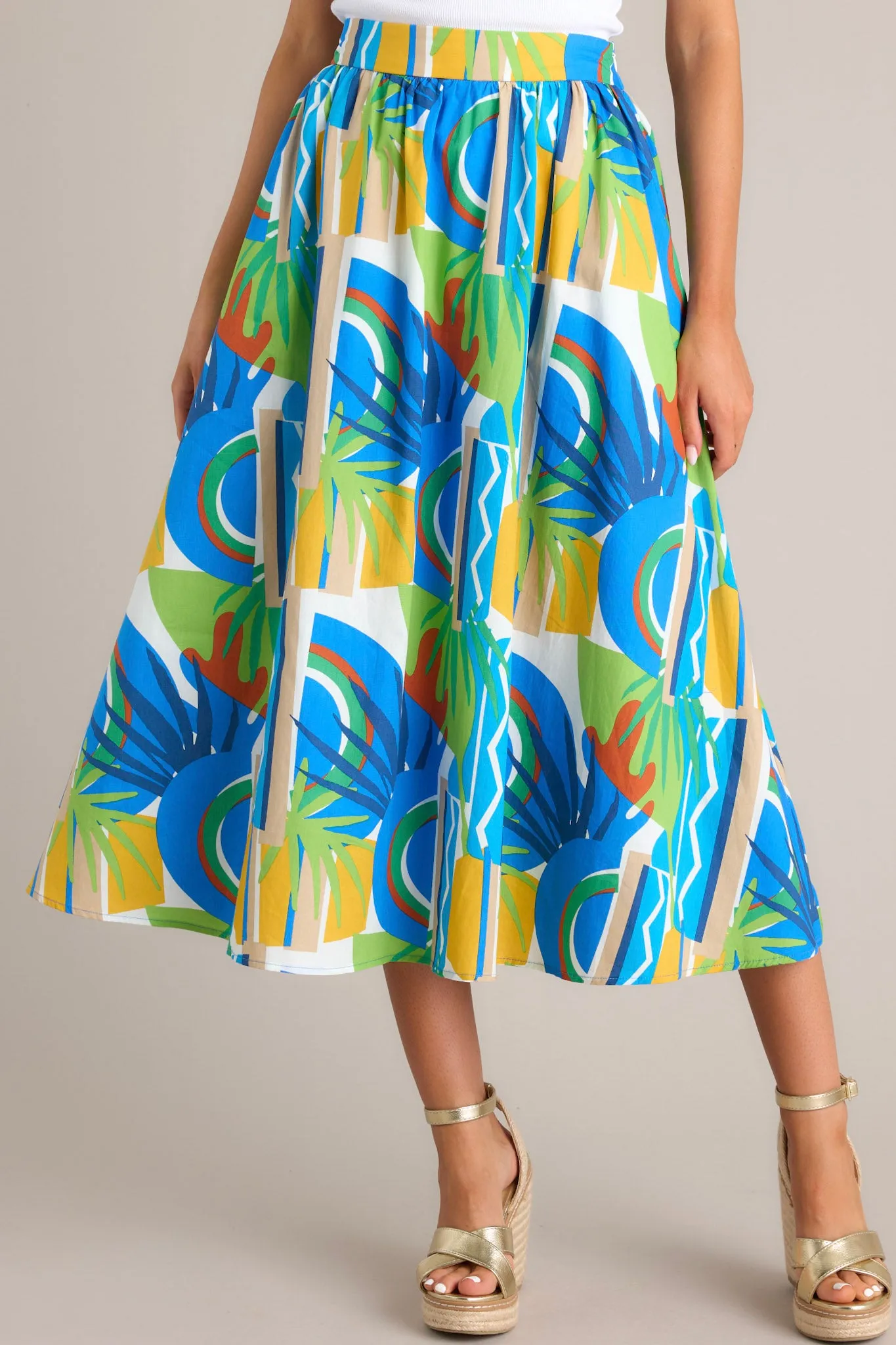 Abstract Drift Blue Multi Tropical Print 100% Cotton Midi Skirt