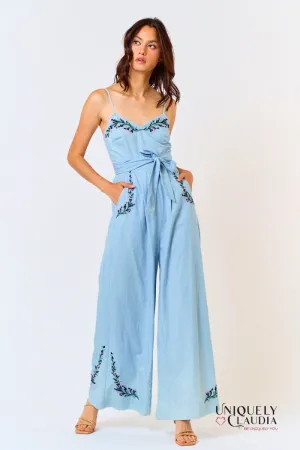 Adele Embroidery Waist Tie Wide Leg Jumpsuit