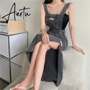 Aiertu Sleeveless Women Denim Suspender Dress Spring New Midi Skirt Blue Korean Fashion Polo Collar Streetwear Female Braces Slit Dress