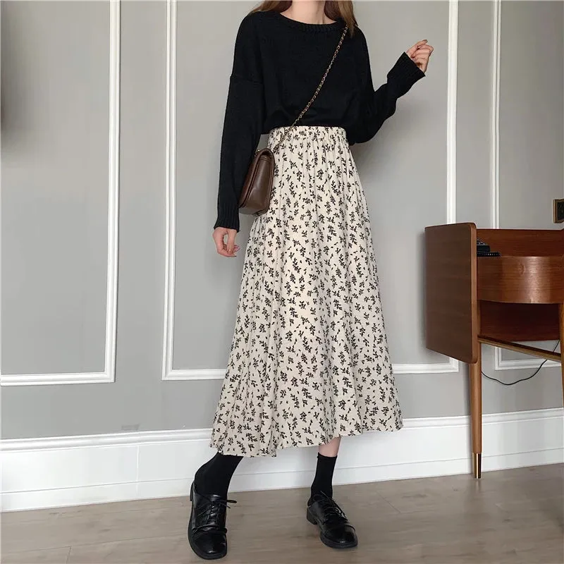 Aiertu Vintage Floral Print A-line Pleated Long Skirts Summer Women Korean Skirt Streetwear Drawstring Elastic Waist Midi Skirt