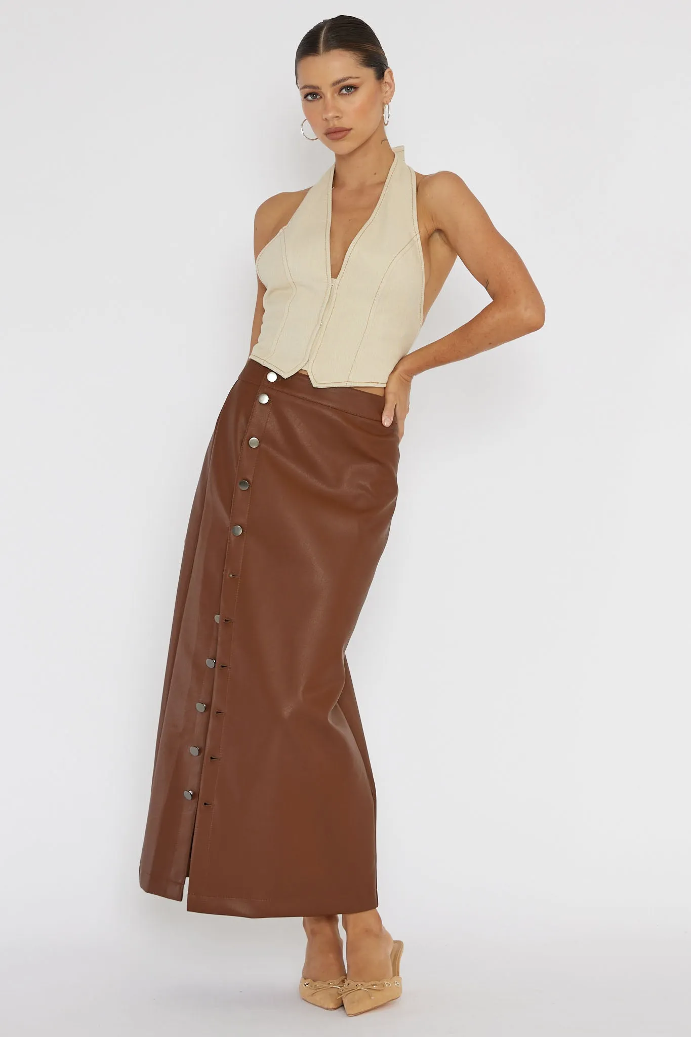 Angelica Button-Up Faux Leather Midi Skirt Brown