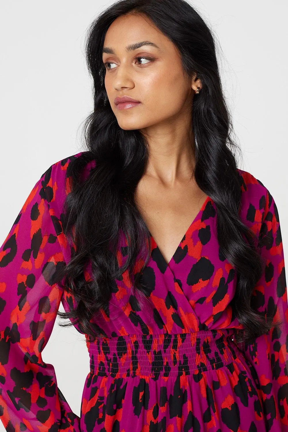 Animal Print V-Neck Curve Hem Midi Dress