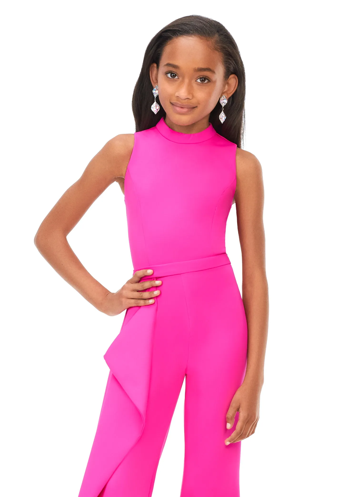 Ashley Lauren Kids 8158 Girls Pageant Jumpsuit with Ruffle Side Scuba High Neckline