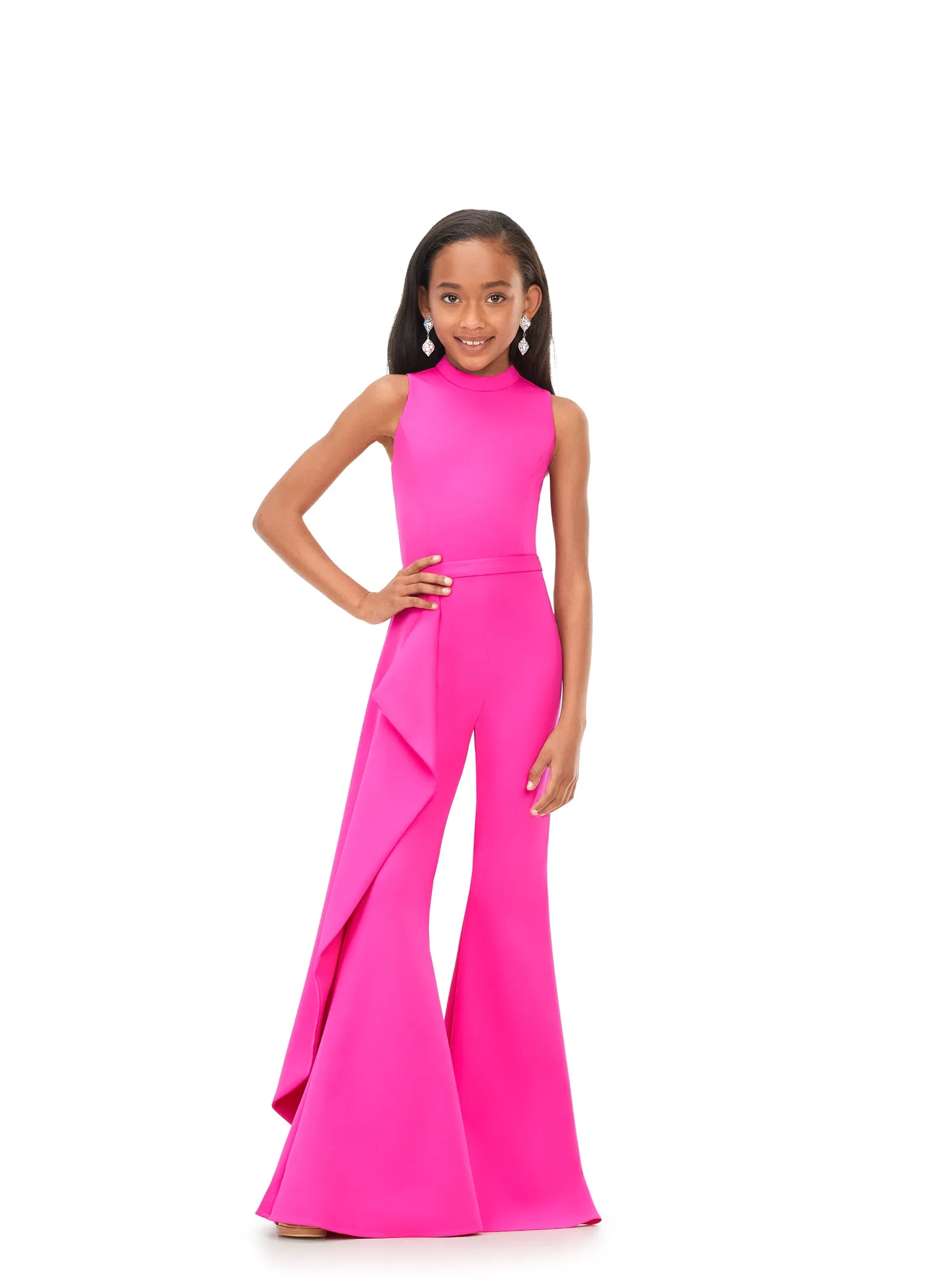 Ashley Lauren Kids 8158 Girls Pageant Jumpsuit with Ruffle Side Scuba High Neckline