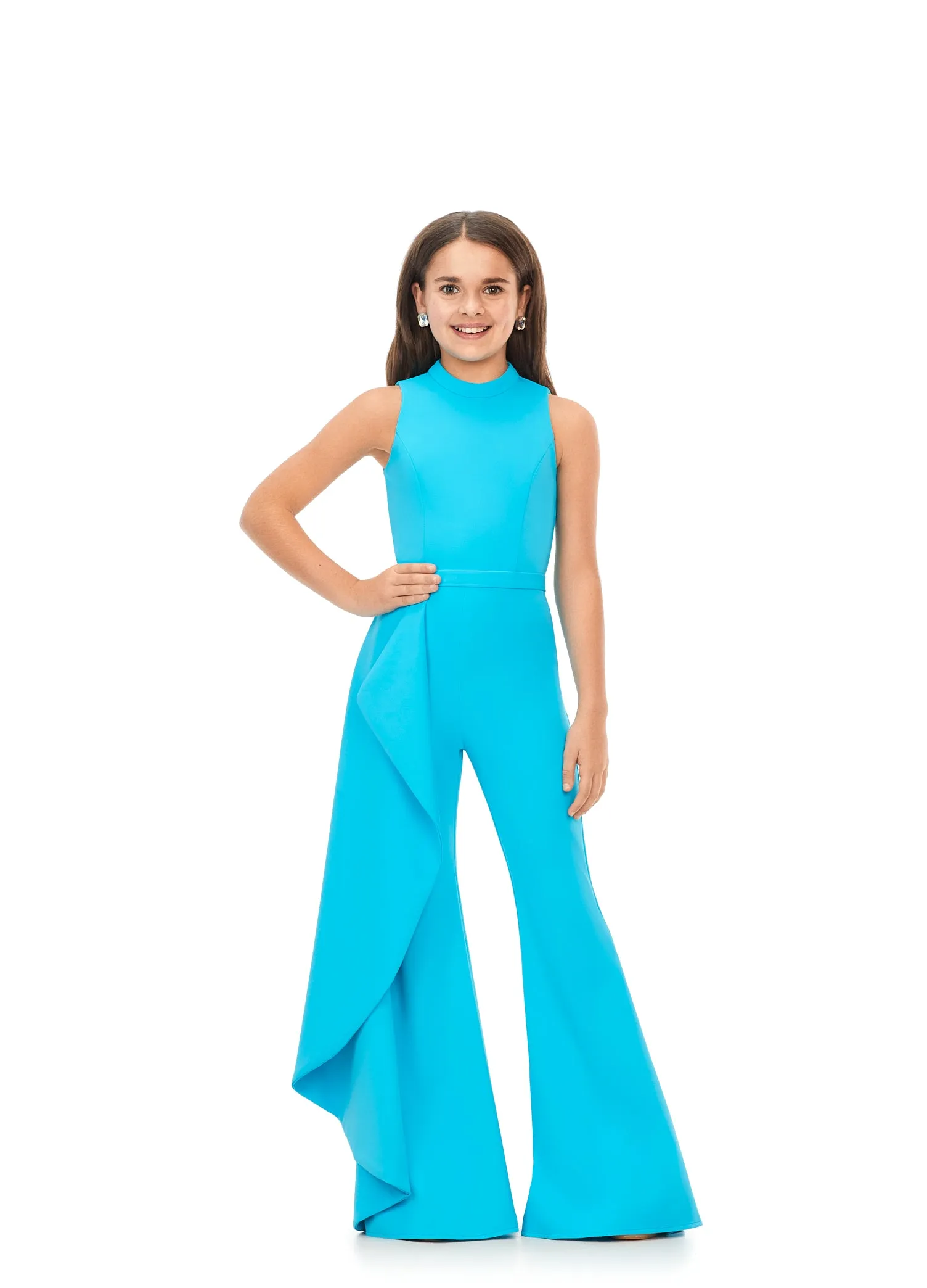 Ashley Lauren Kids 8158 Girls Pageant Jumpsuit with Ruffle Side Scuba High Neckline