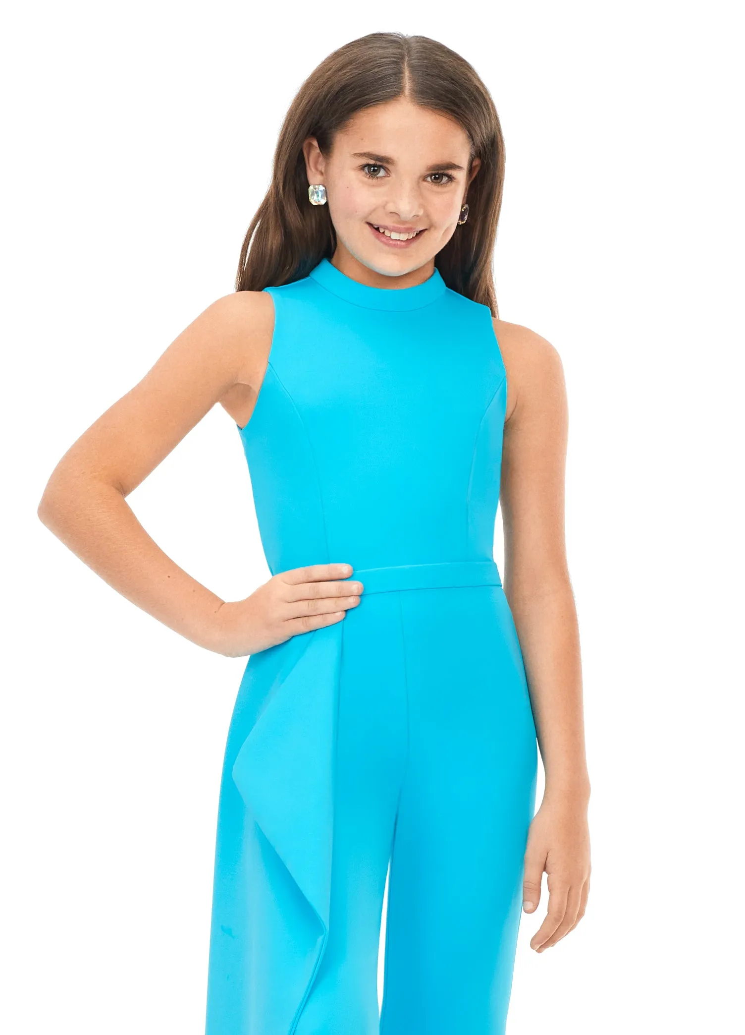 Ashley Lauren Kids 8158 Girls Pageant Jumpsuit with Ruffle Side Scuba High Neckline