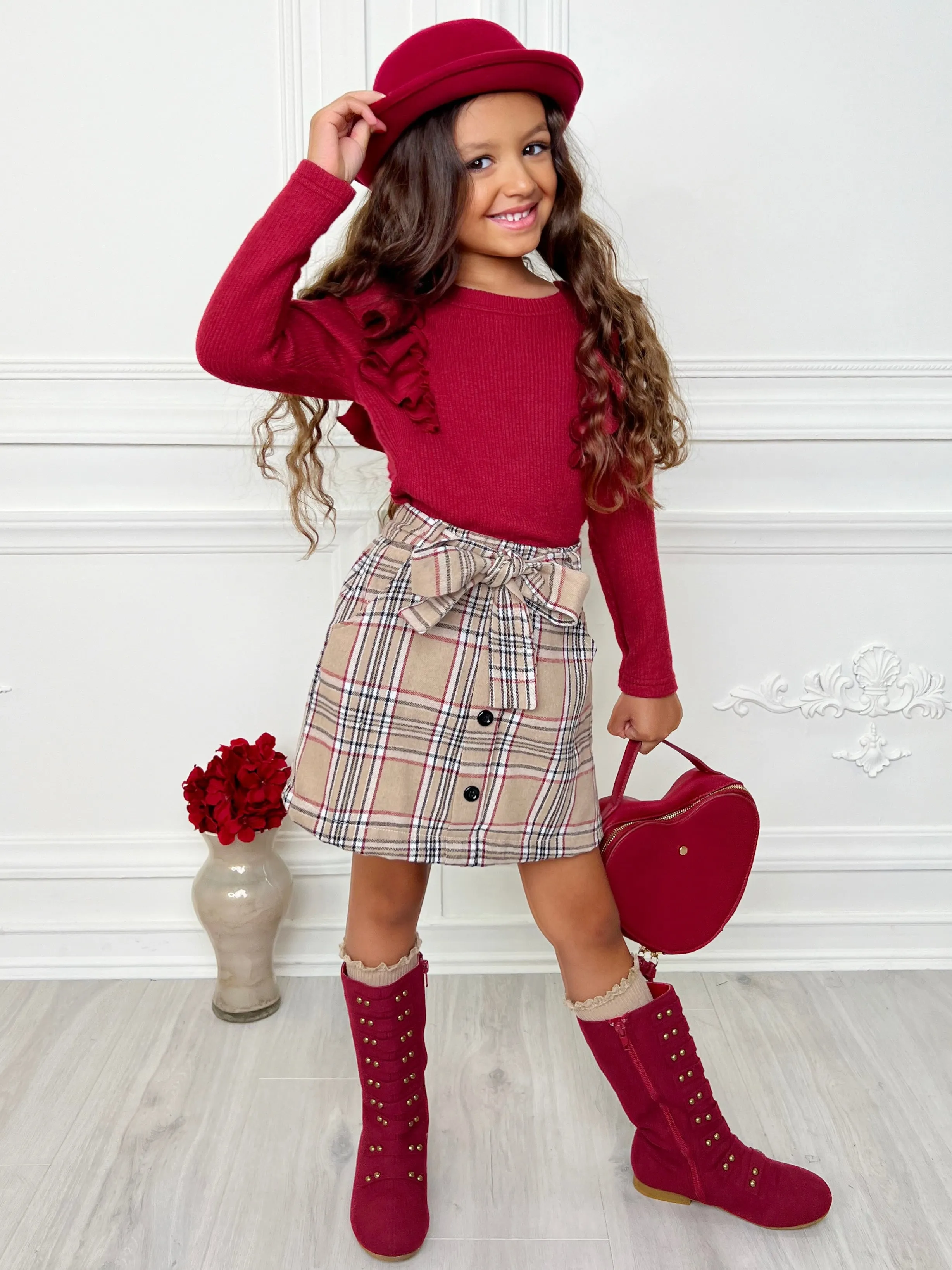 Autumn Chic Girls Ruffled Top And Brushed Fleece Skirt Set