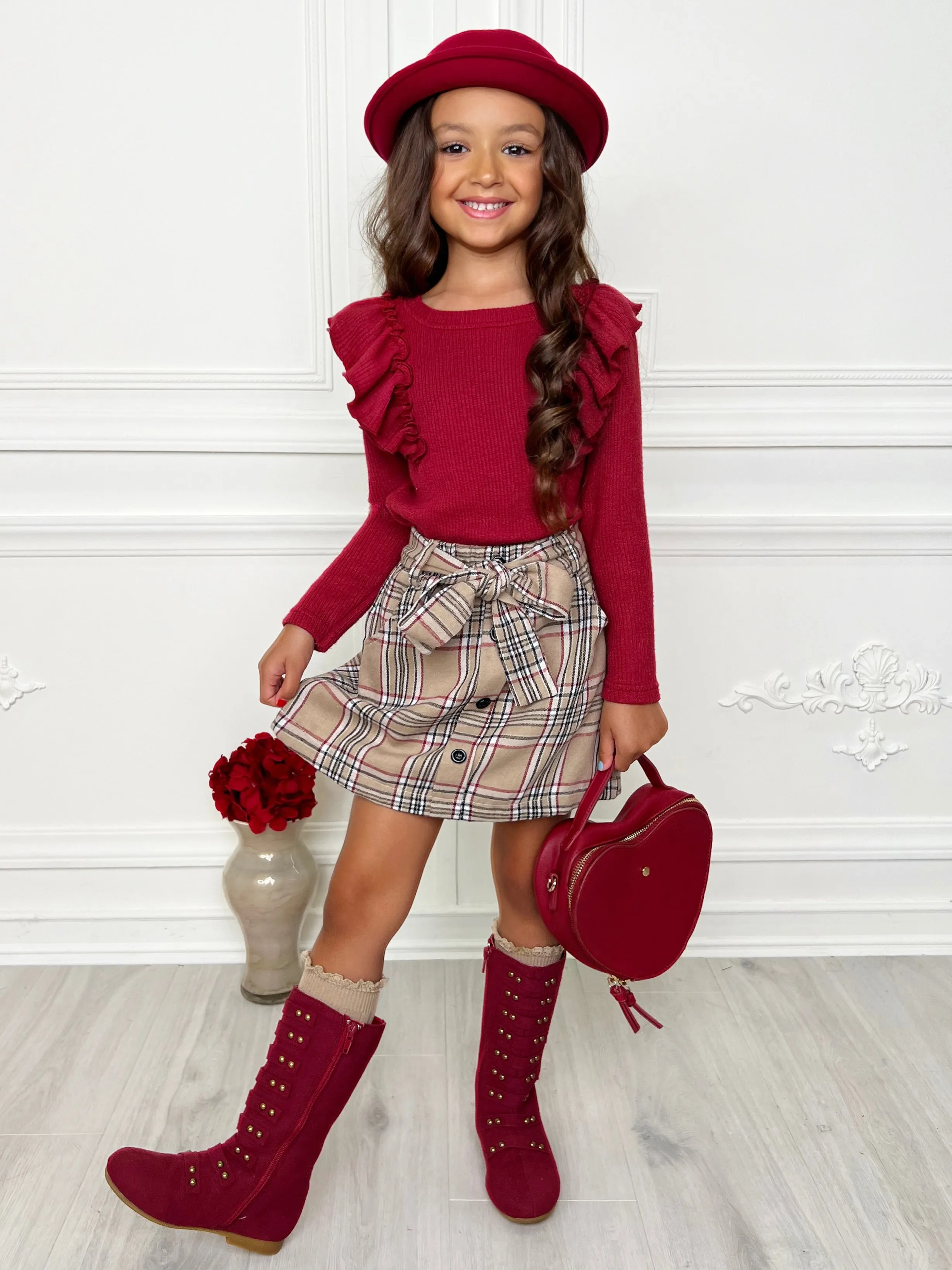 Autumn Chic Girls Ruffled Top And Brushed Fleece Skirt Set