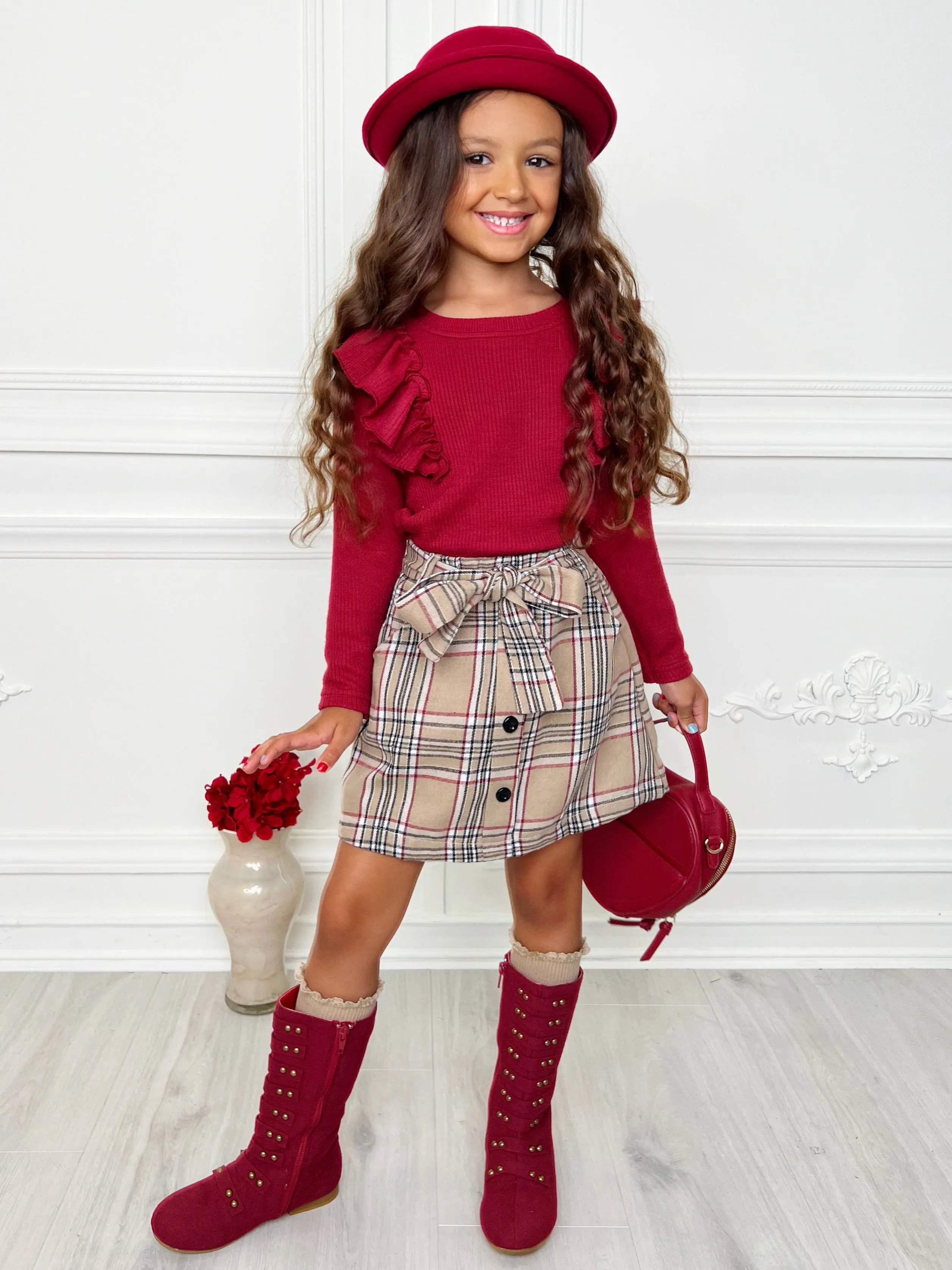 Autumn Chic Girls Ruffled Top And Brushed Fleece Skirt Set