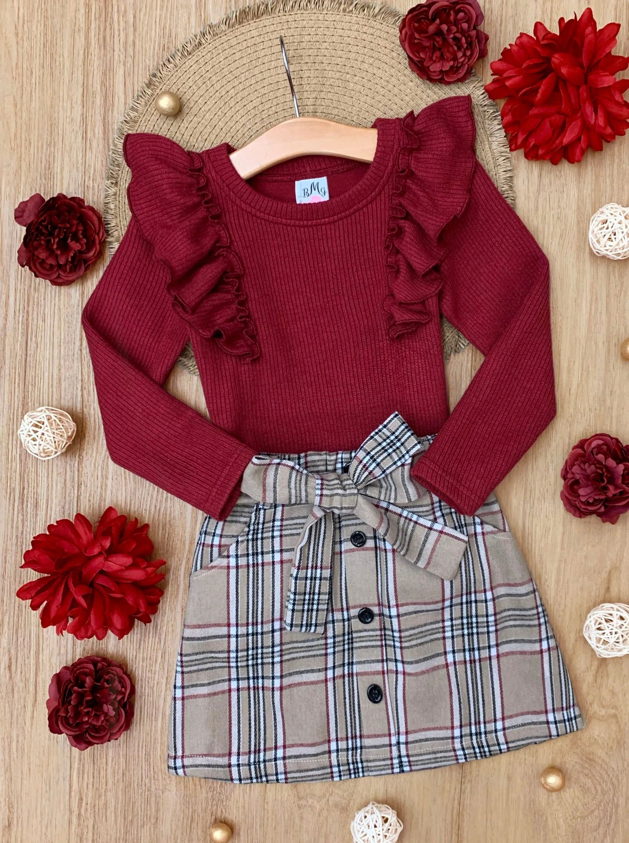 Autumn Chic Girls Ruffled Top And Brushed Fleece Skirt Set