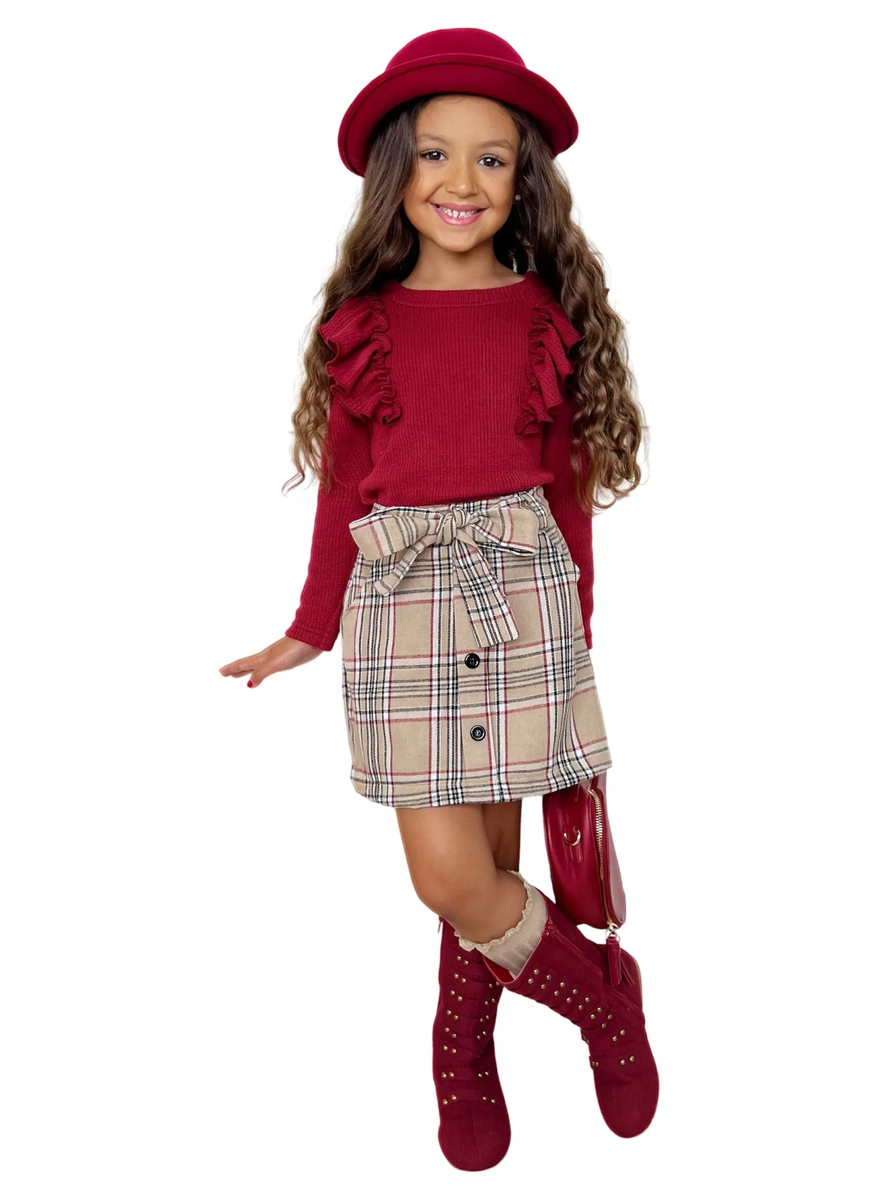 Autumn Chic Girls Ruffled Top And Brushed Fleece Skirt Set