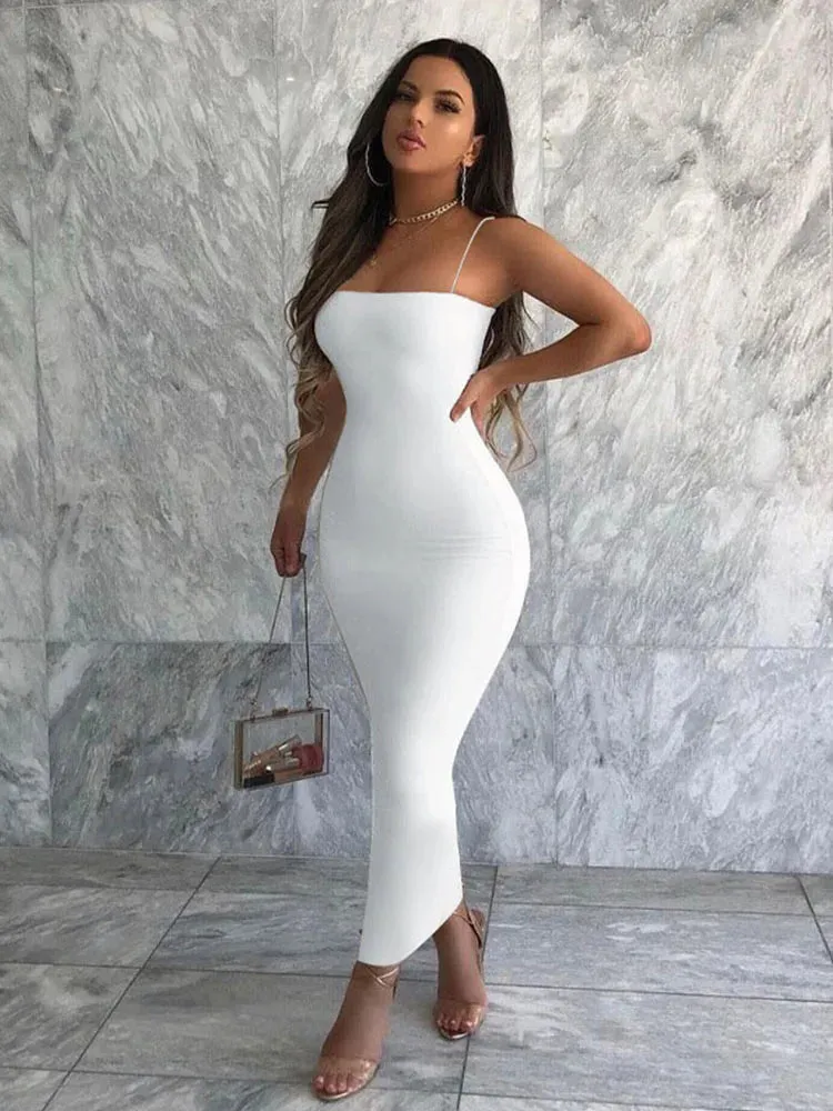 Autumn Winter Solid White Black Strap Streetwear Club Elegant Clothes Midi Dresses