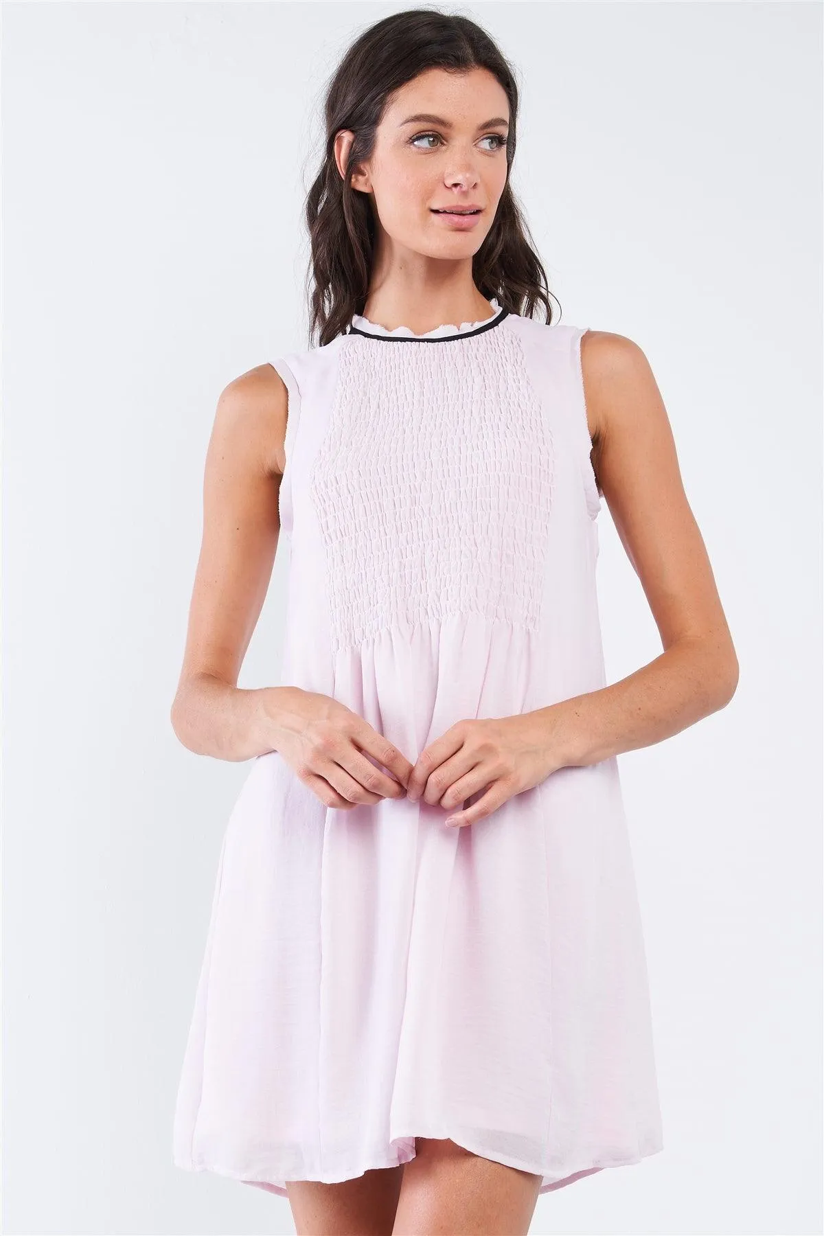 Baby Pink Sleeveless Round Neck Loose Fitting Smock Front Detail BabyDoll Mini Dress