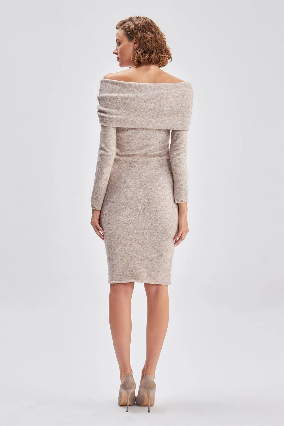 Bardot Collar Beige Midi Knit Dress