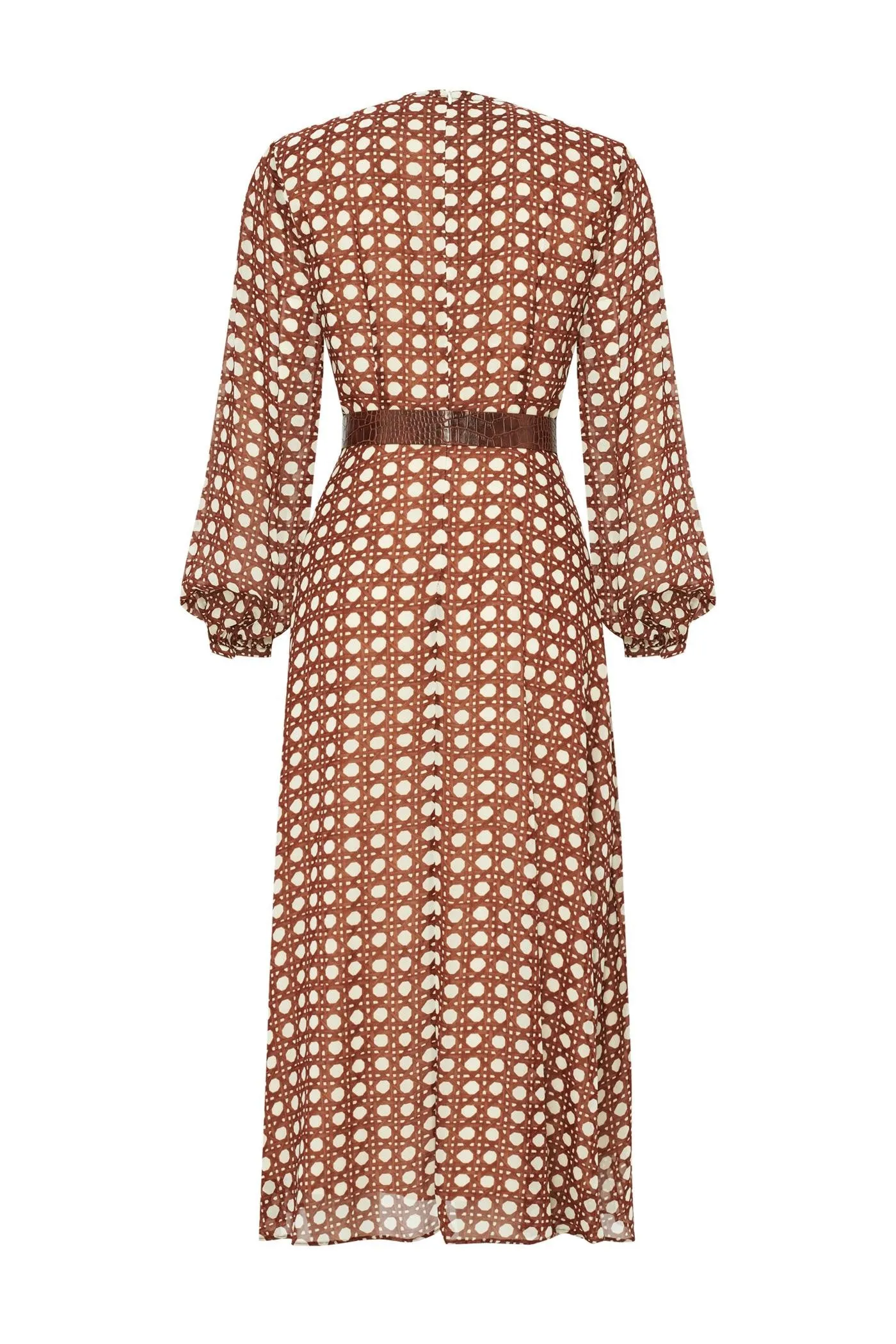 Basket Patterned Chiffon Waist Fitted Brown Midi Dress with Belt