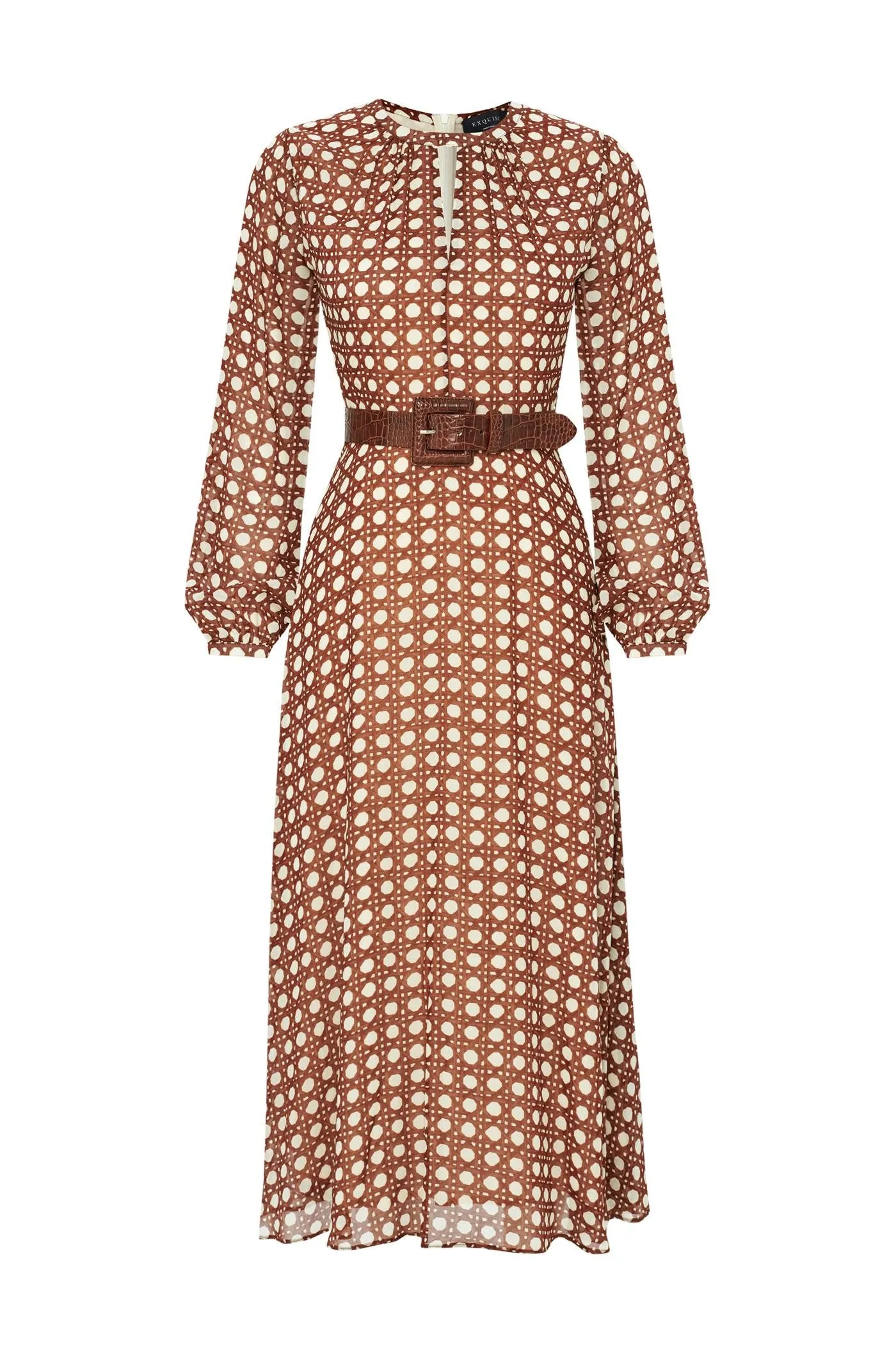 Basket Patterned Chiffon Waist Fitted Brown Midi Dress with Belt