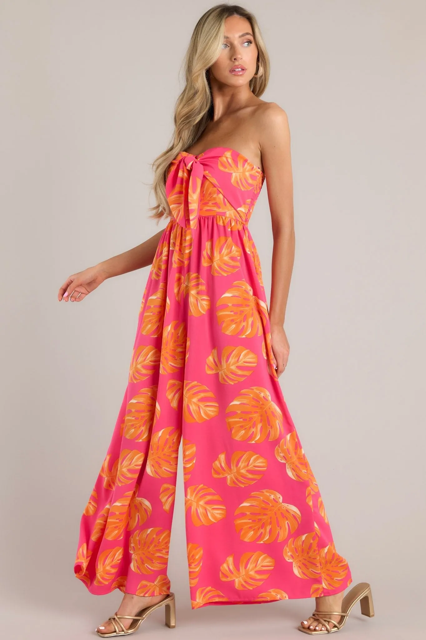 Beach Bliss Hot Pink & Orange Tropical Print Strapless Jumpsuit