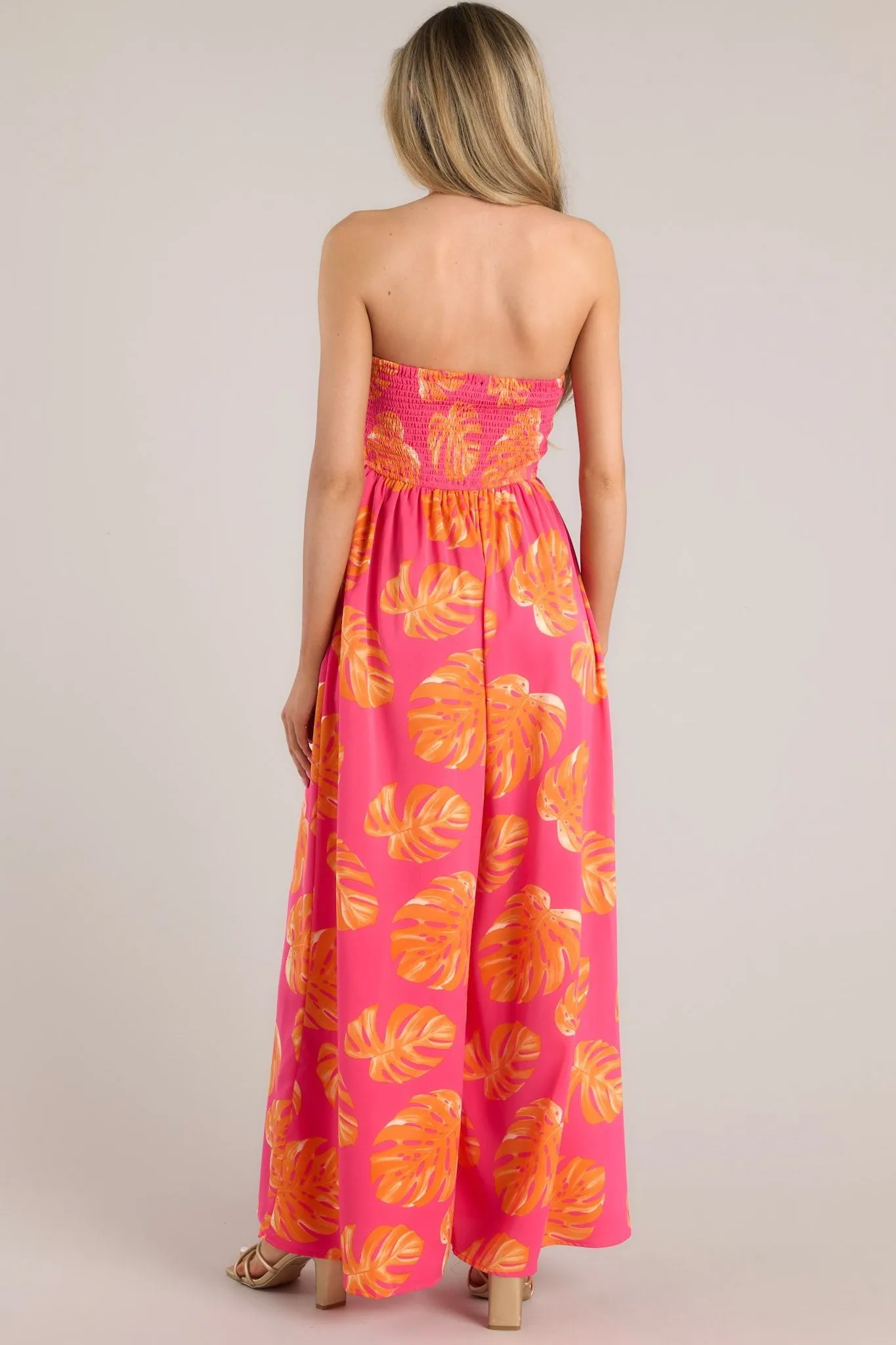 Beach Bliss Hot Pink & Orange Tropical Print Strapless Jumpsuit