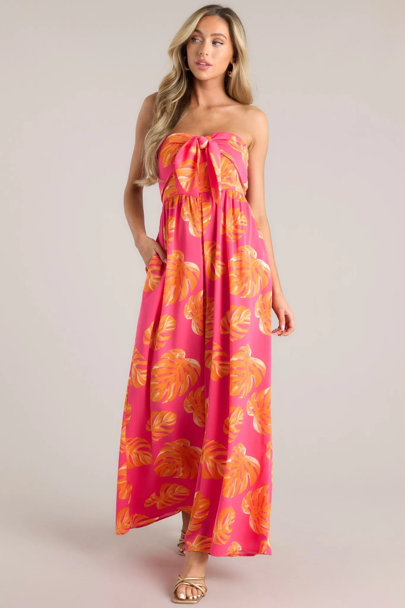 Beach Bliss Hot Pink & Orange Tropical Print Strapless Jumpsuit