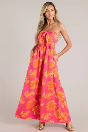 Beach Bliss Hot Pink & Orange Tropical Print Strapless Jumpsuit