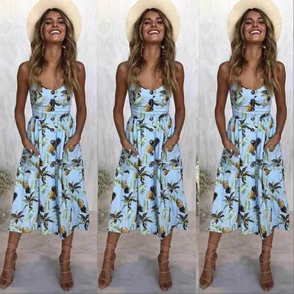 Beach Printing Suspenders Robe V-Neck Seeveless Women's Vestiti Donna Midi Dresses