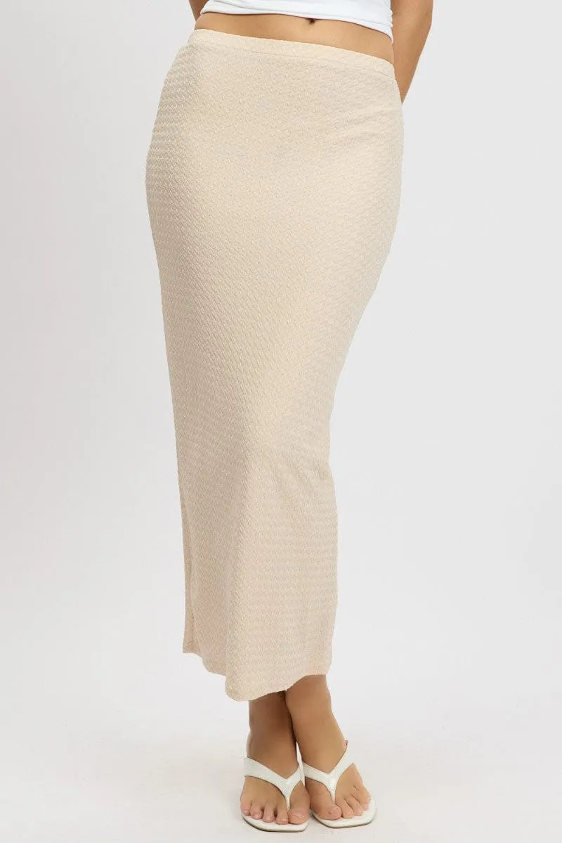 Beige Midi Skirt High Rise Textured Jersey