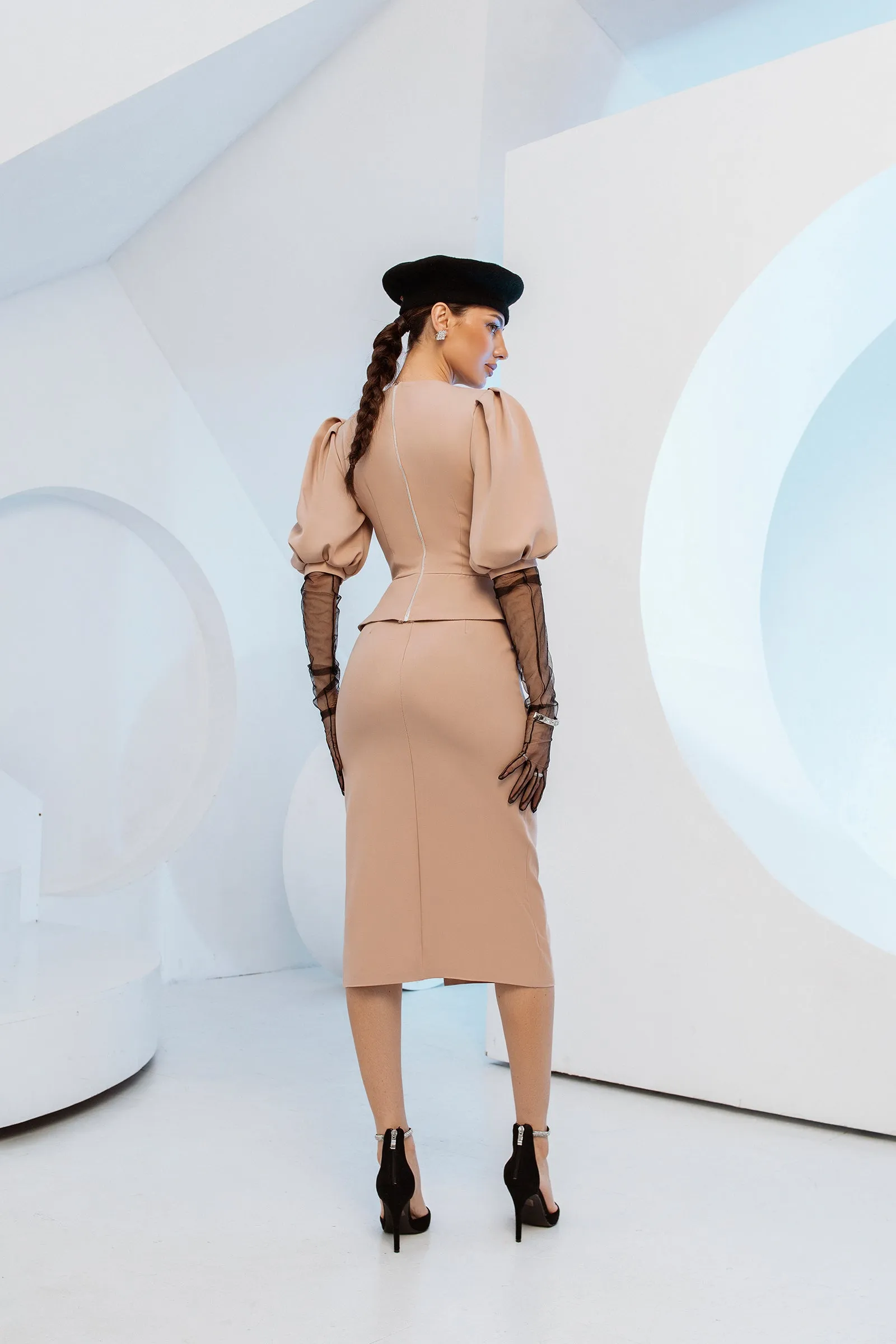 Beige Puff-Sleeve Top & Midi Skirt 2-Piece Set