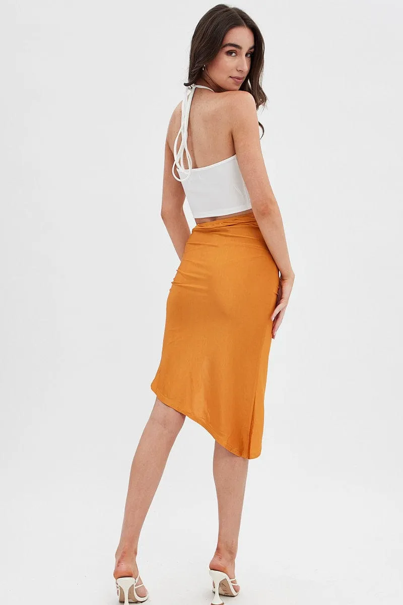 Beige Ruched Midi Skirt